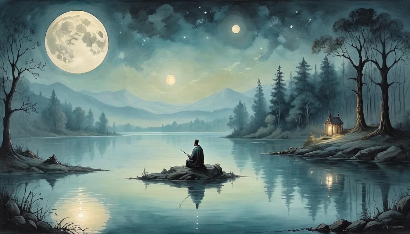  on parchment, surrealism+++, A figure sitting at the edge of a tranquil lake, gazing at the reflection of the moon, serene introspection, ethereal glow, quiet solitude, soft ripples in water(mysterious, provocative, symbolic,muted color)+++