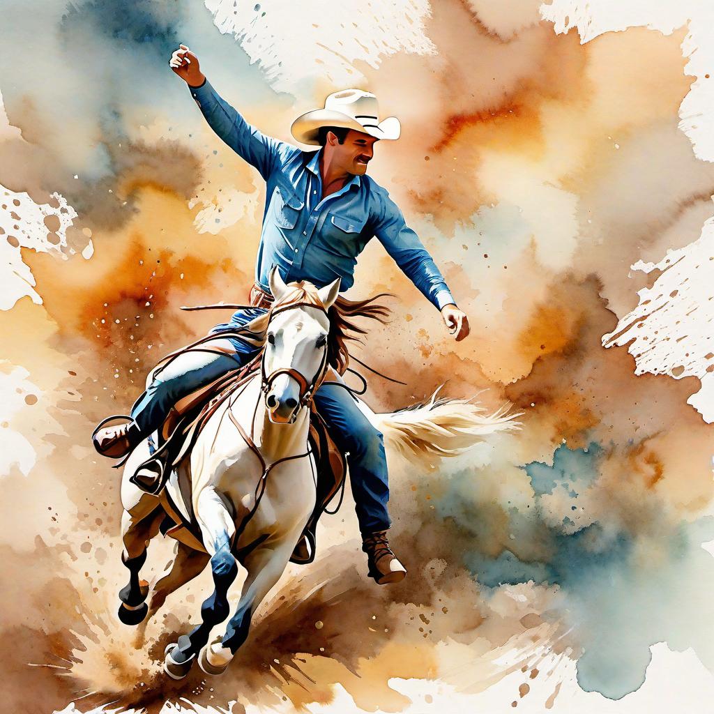  Create a watercolor painting of a man ridding a bucking horse at a rodeo. The background features soft, watercolor style splashes in earthy tones, giving the image an artistic and dreamy feel. Ensure the overall image has a delicate watercolor effect.