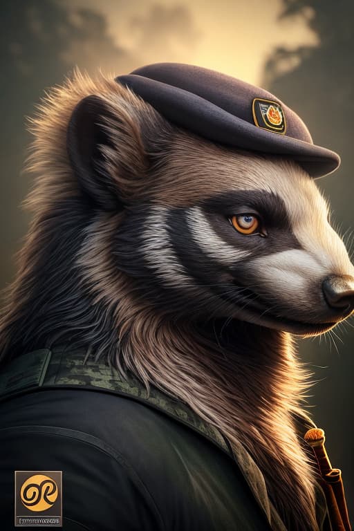  A commanding logo showcasing the bust of a military style honey badger. The honey badger's intense eyes convey a no nonsense attitude, and a sturdy military cap. A cigar protrudes confidently from its mouth, with a trail of smoke rising upward. The logo is defined by clean, strong lines and sharp details, emphasizing the honey badger's rugged and fearless nature. hyperrealistic, full body, detailed clothing, highly detailed, cinematic lighting, stunningly beautiful, intricate, sharp focus, f/1. 8, 85mm, (centered image composition), (professionally color graded), ((bright soft diffused light)), volumetric fog, trending on instagram, trending on tumblr, HDR 4K, 8K