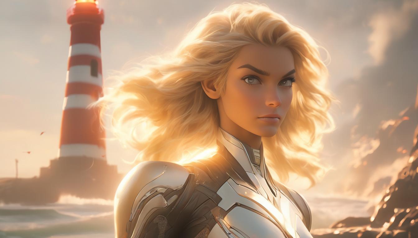  hyperrealism,fantasy aesthetic1woman, large busted attractive blonde arian female humanoid, confident stance, serene face, lighthouse in the background, beam of assurance, high tech clothing clad in sleek, futuristic costume with metallic accents and form fitting designs, marvel superhero comics style, unreal engine rendering