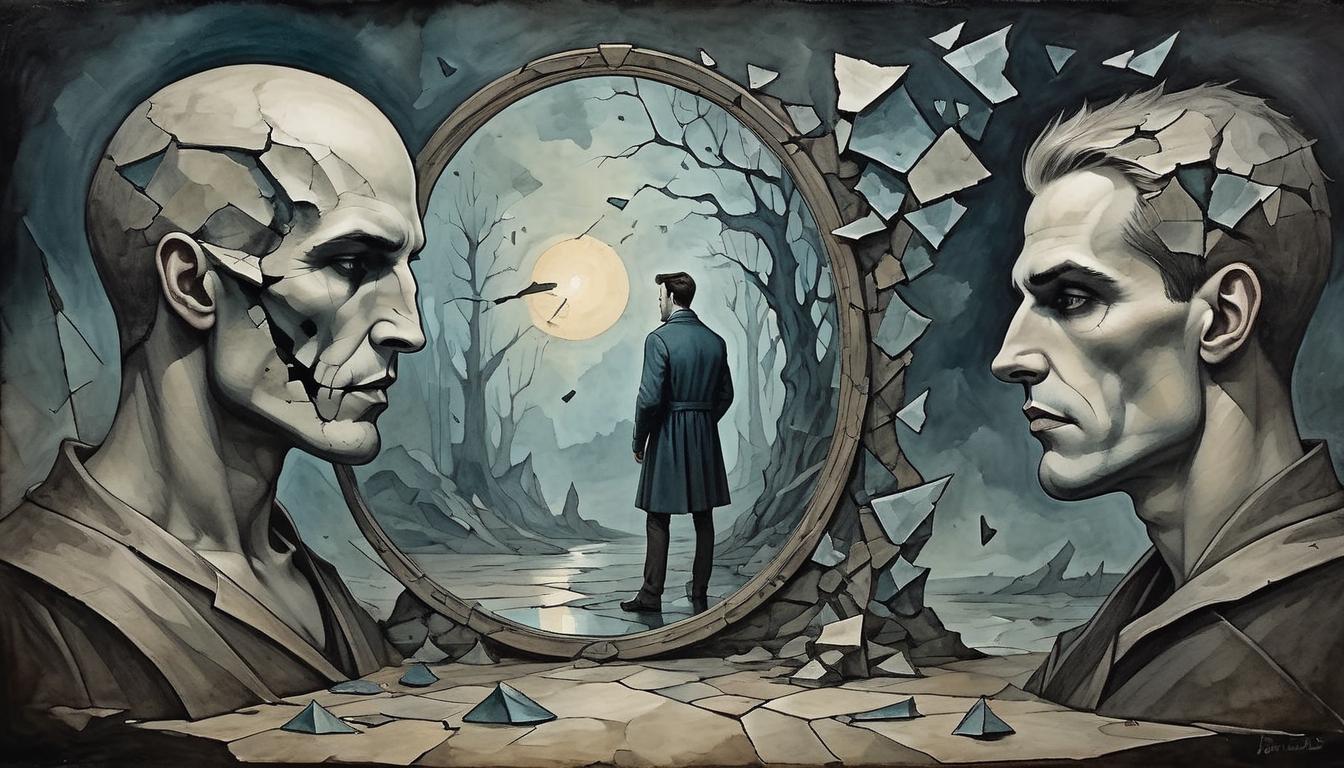  on parchment, surrealism+++, Figure staring at shattered mirror, fragmented pieces reflecting a deceived face, background of twilight gloom, mood of realization, heartbreak(mysterious, provocative, symbolic,muted color)+++