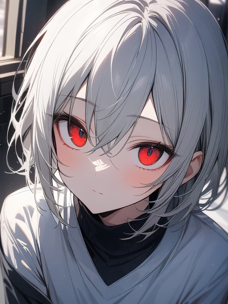  (((Boy, Man))), ((Red Eyes, Long Eyes, Thin Eyes, Silver Hair, Very Short Hair)), masterpiece, best quality,8k,ultra detailed,high resolution,an extremely delicate and beautiful,hyper detail