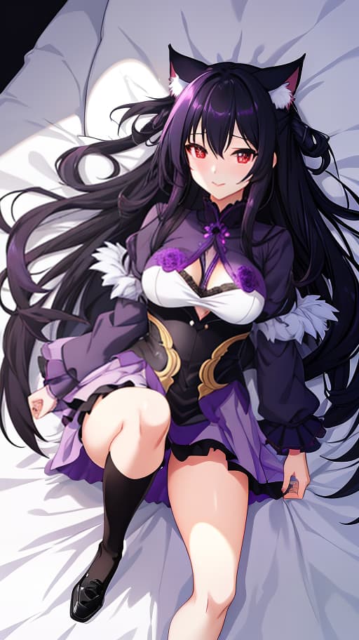  Draw an ilration of a realistic size dakimakura in the anime style of a with long black hair tied in two tails, deep red eyes, a light black accent in dark purple shadows, and dark purple glimmer on her lips. She is wearing a dark purple mini and a light purple . The is lying on a white mattress, from above. The frame should only contain the and the mattress, without additional objects or elements., Manga big eyes expressive faces colorful hair Hayao Miyazaki Masashi Kishimoto Makoto Shinkai CLAMP Yoshiyuki Sadamoto hyperrealistic, full body, detailed clothing, highly detailed, cinematic lighting, stunningly beautiful, intricate, sharp focus, f/1. 8, 85mm, (centered image composition), (professionally color graded), ((bright soft diffused light)), volumetric fog, trending on instagram, trending on tumblr, HDR 4K, 8K