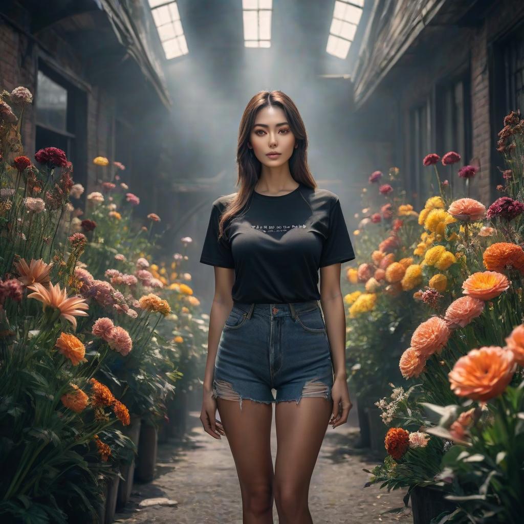  a woman, with flowers in her hands, stands tall, in the background, in a black T shirt hyperrealistic, full body, detailed clothing, highly detailed, cinematic lighting, stunningly beautiful, intricate, sharp focus, f/1. 8, 85mm, (centered image composition), (professionally color graded), ((bright soft diffused light)), volumetric fog, trending on instagram, trending on tumblr, HDR 4K, 8K