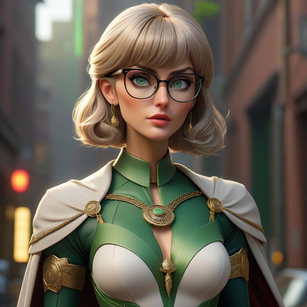  The goddess of justice and order and rigor. Strict tall woman. Short light hair with bangs, green eyes, glasses. Skinny body. hyperrealistic, full body, detailed clothing, highly detailed, cinematic lighting, stunningly beautiful, intricate, sharp focus, f/1. 8, 85mm, (centered image composition), (professionally color graded), ((bright soft diffused light)), volumetric fog, trending on instagram, trending on tumblr, HDR 4K, 8K