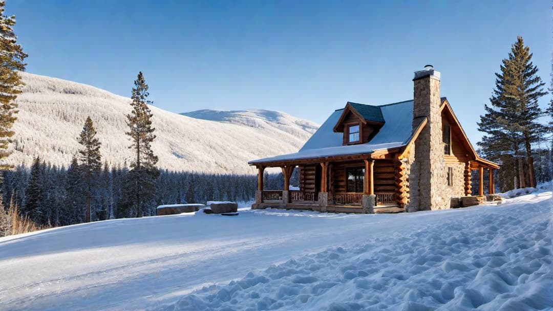  Eloquent Stone Chimney Enhancing the Cabin Charm, This image must feature the exterior of a log cabin. zoom out to see the full home. make the image sharp and crisp. bright sunny.