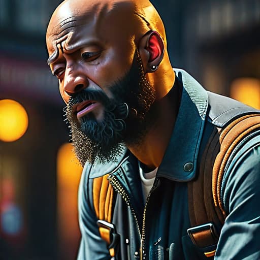  Black bald man with beard crying hyperrealistic, full body, detailed clothing, highly detailed, cinematic lighting, stunningly beautiful, intricate, sharp focus, f/1. 8, 85mm, (centered image composition), (professionally color graded), ((bright soft diffused light)), volumetric fog, trending on instagram, trending on tumblr, HDR 4K, 8K