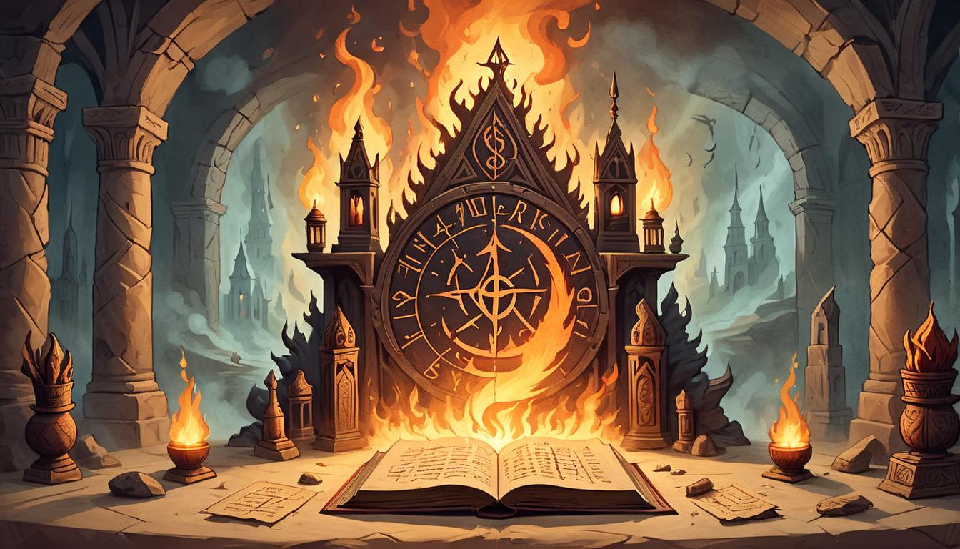  on parchment, surrealism+++, An altar with a blazing fire, flames dancing wildly, casting shadows and light play, hint of ancient runes engraved, representing creative ignition, intense, inspiring(mysterious, provocative, symbolic,muted color)+++