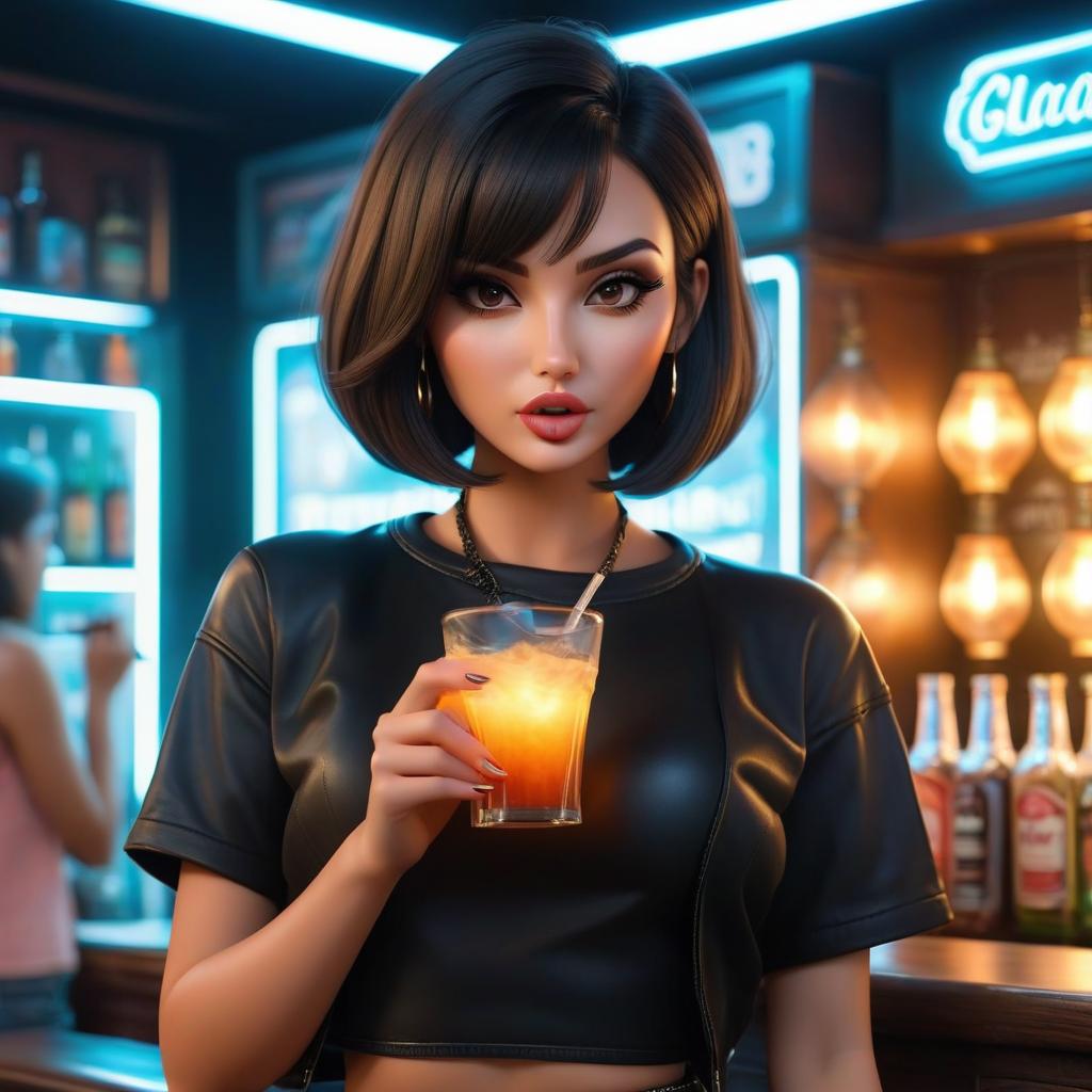  A girl with dark hair, a bob cut, wearing a black top and denim shorts in a black leather jacket, the girl is smoking a hookah. hyperrealistic, full body, detailed clothing, highly detailed, cinematic lighting, stunningly beautiful, intricate, sharp focus, f/1. 8, 85mm, (centered image composition), (professionally color graded), ((bright soft diffused light)), volumetric fog, trending on instagram, trending on tumblr, HDR 4K, 8K