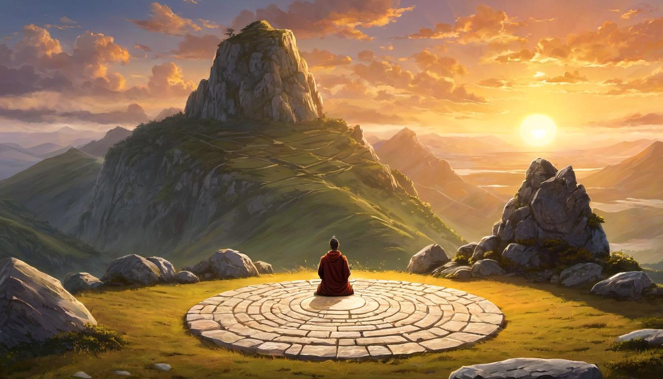  digital illustration, 1man, meditative pose on a mountain plateau, surrounded by an ancient stone circle, sunrise casting golden hues, focusing energy, serene, grounding, spiritual enrichment, looking at viewer, dynamic pose, (intricate details, masterpiece, best quality)