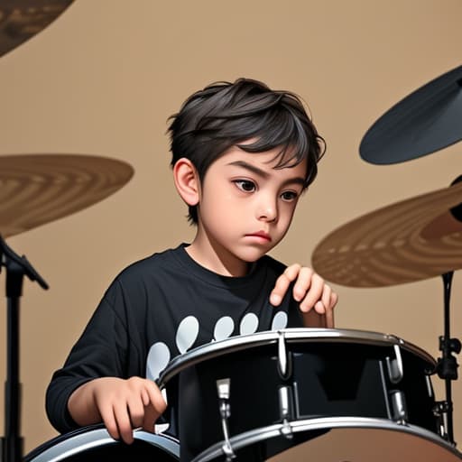  A young boy sits behind a drum set, his small hands confidently tapping the drumsticks against the drumheads. His face is focused, eyebrows slightly furrowed in concentration as he keeps the rhythm, lost in the music he’s creating.