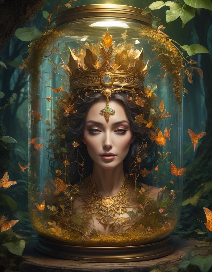  (digital art, masterpiece, difficulty: 1.3), under a tree, locked in a jar, a beautiful fairy queen wearing a small golden crown on her head, inspired by the style of Cyril Rolando (influenced by Beeple and Jeremiah Ketner: 1,2), (inspired by Josan Gonzalez and Dan Mumford): 1.1, surreal and whimsical concept, detailed and thoughtful design of the can, bright and dreamlike colors, fantastic setting, high definition rendering, captivating combination of styles, intricate patterns and textures, unearthly glow, magical atmosphere, fairy tale, fantasy hyperrealistic, full body, detailed clothing, highly detailed, cinematic lighting, stunningly beautiful, intricate, sharp focus, f/1. 8, 85mm, (centered image composition), (professionally color graded), ((bright soft diffused light)), volumetric fog, trending on instagram, trending on tumblr, HDR 4K, 8K