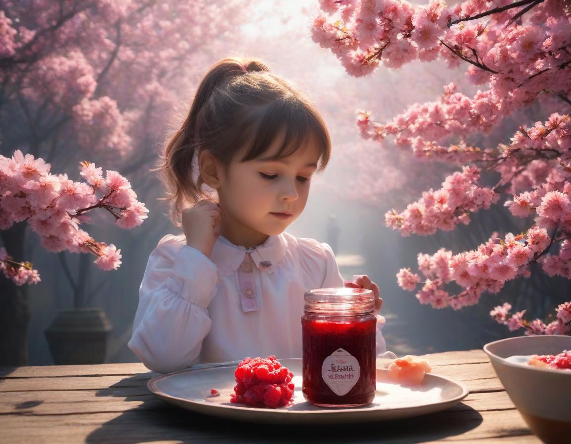  The child is eating jam. Background: sakura, haze, glow hyperrealistic, full body, detailed clothing, highly detailed, cinematic lighting, stunningly beautiful, intricate, sharp focus, f/1. 8, 85mm, (centered image composition), (professionally color graded), ((bright soft diffused light)), volumetric fog, trending on instagram, trending on tumblr, HDR 4K, 8K