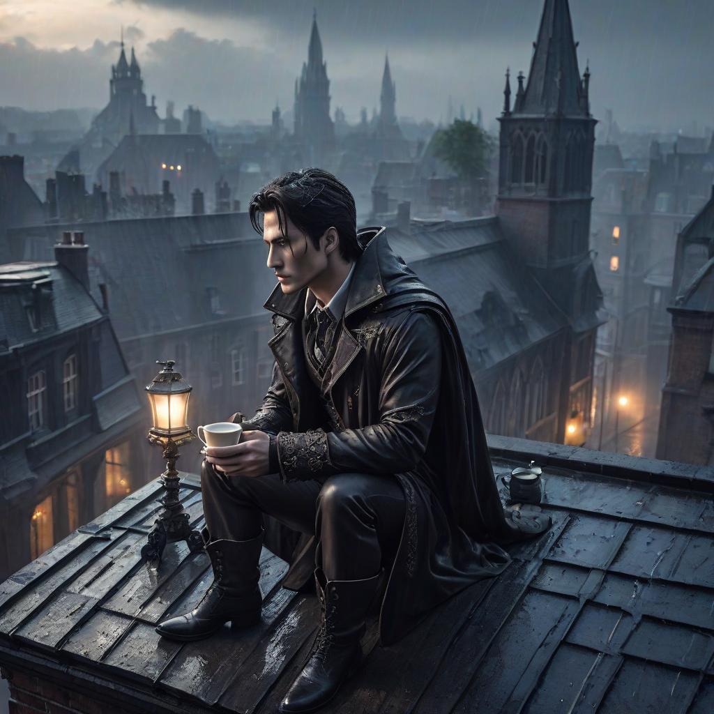  gothic style A man is sitting on the roof of a building with a cup of coffee during the rain. . dark, mysterious, haunting, dramatic, ornate, detailed hyperrealistic, full body, detailed clothing, highly detailed, cinematic lighting, stunningly beautiful, intricate, sharp focus, f/1. 8, 85mm, (centered image composition), (professionally color graded), ((bright soft diffused light)), volumetric fog, trending on instagram, trending on tumblr, HDR 4K, 8K