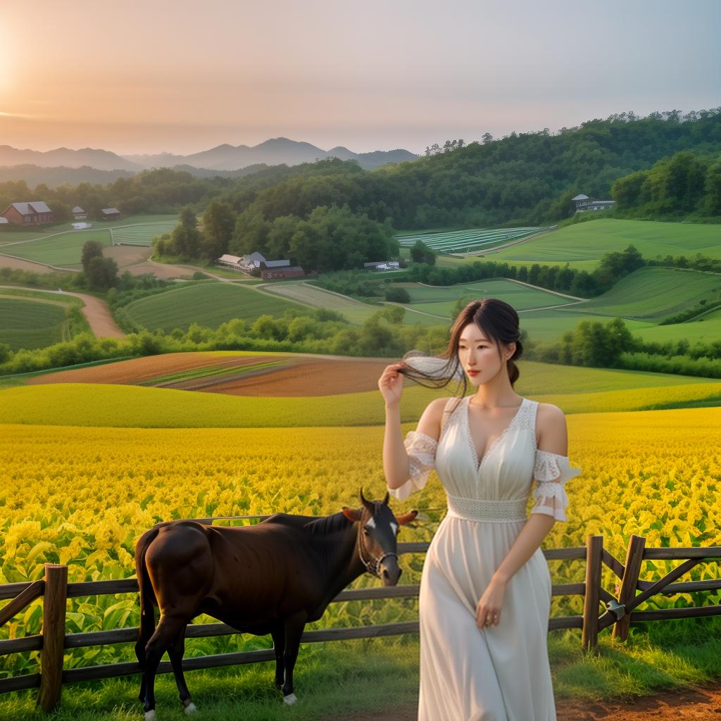  2 korean FARM GIRLS, FARMHOUSE, bulls in Background, Tractor in background, Clean face details hyperrealistic, full body, detailed clothing, highly detailed, cinematic lighting, stunningly beautiful, intricate, sharp focus, f/1. 8, 85mm, (centered image composition), (professionally color graded), ((bright soft diffused light)), volumetric fog, trending on instagram, trending on tumblr, HDR 4K, 8K