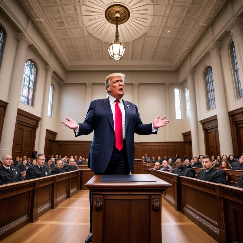  A meme of Donald Trump in a courtroom, looking surprised and defeated. The judge is holding up a gavel, with the background showing courtroom details. Caption at the top: 'WHEN YOU'RE FOUND GUILTY…' and at the bottom: 'BUT STILL THINK IT'S FAKE NEWS'. hyperrealistic, full body, detailed clothing, highly detailed, cinematic lighting, stunningly beautiful, intricate, sharp focus, f/1. 8, 85mm, (centered image composition), (professionally color graded), ((bright soft diffused light)), volumetric fog, trending on instagram, trending on tumblr, HDR 4K, 8K