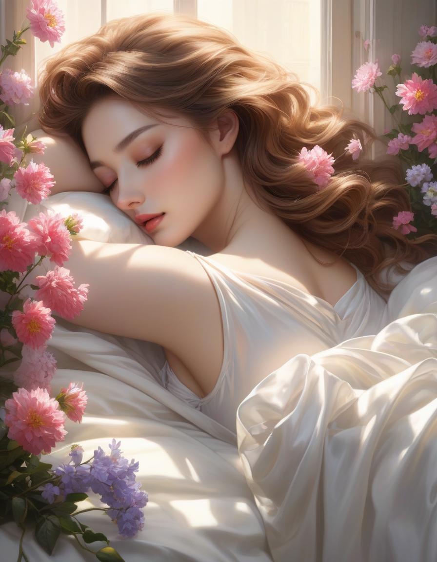  A woman is peacefully asleep amid white sheets and blooming flowers, with soft light streaming through a window. a woman laying on top of a bed next to a window, a photorealistic painting, inspired by Magali Villeneuve, trending on Artstation, fantasy art, girl in a bed of flowers, soft pale golden skin, portrait of a woman sleeping, in the early morning, jingna zhang hyperrealistic, full body, detailed clothing, highly detailed, cinematic lighting, stunningly beautiful, intricate, sharp focus, f/1. 8, 85mm, (centered image composition), (professionally color graded), ((bright soft diffused light)), volumetric fog, trending on instagram, trending on tumblr, HDR 4K, 8K