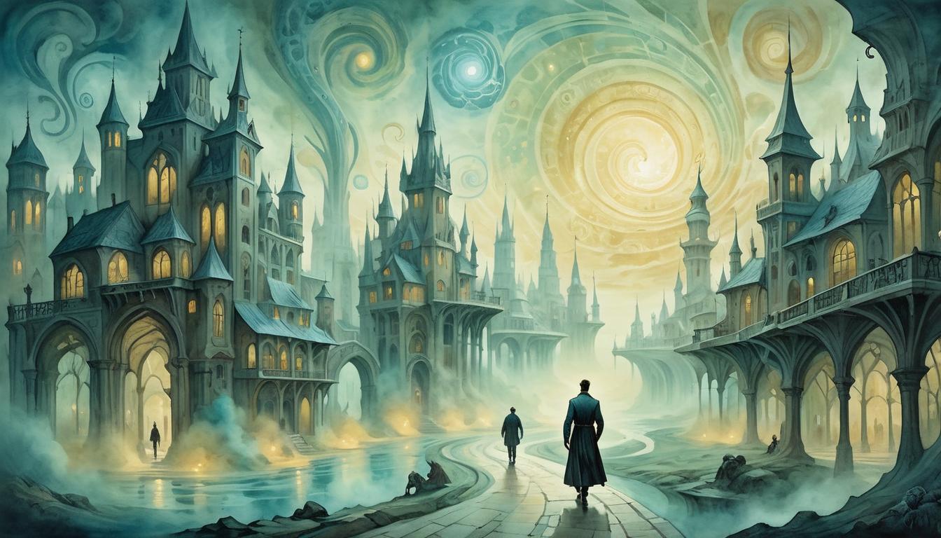  on parchment, surrealism+++, A person walking through an ethereal cityscape with translucent buildings and spectral inhabitants, background of swirling energy and light, sense of otherworldliness(mysterious, provocative, symbolic,muted color)+++