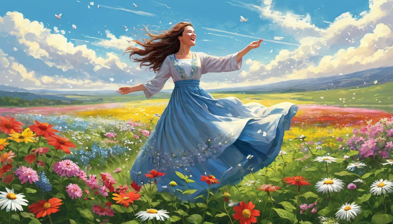  digital illustration, 1woman, standing in a field of blooming wildflowers, arms open wide, face lifted to the sky, expression of freedom and joy, bright, liberating, springtime, looking at viewer, dynamic pose, (intricate details, masterpiece, best quality)