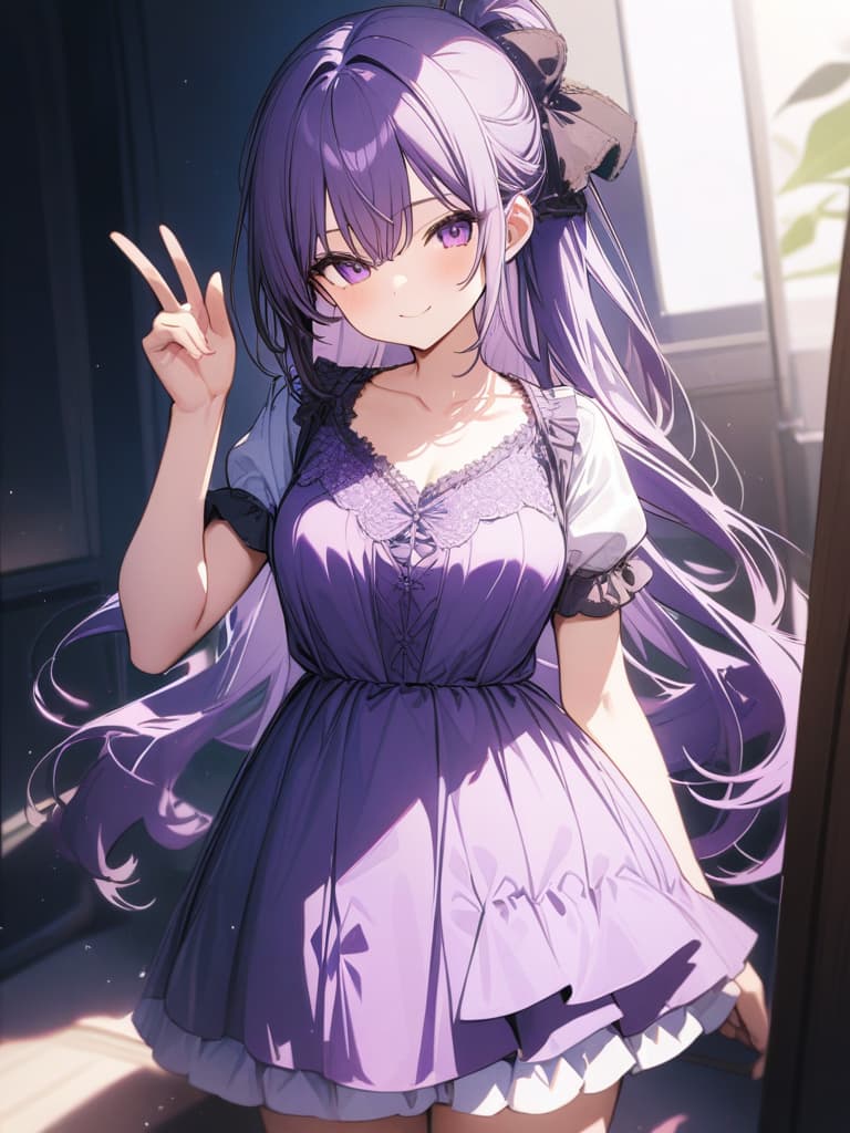  Cute, , long hair, thin body, ponytail, purple hair, purple eye, smiling, g, big s, gs, gs, purple clothes, gs fruits, frill dress, masterpiece, best quality,8k,ultra detailed,high resolution,an extremely delicate and beautiful,hyper detail