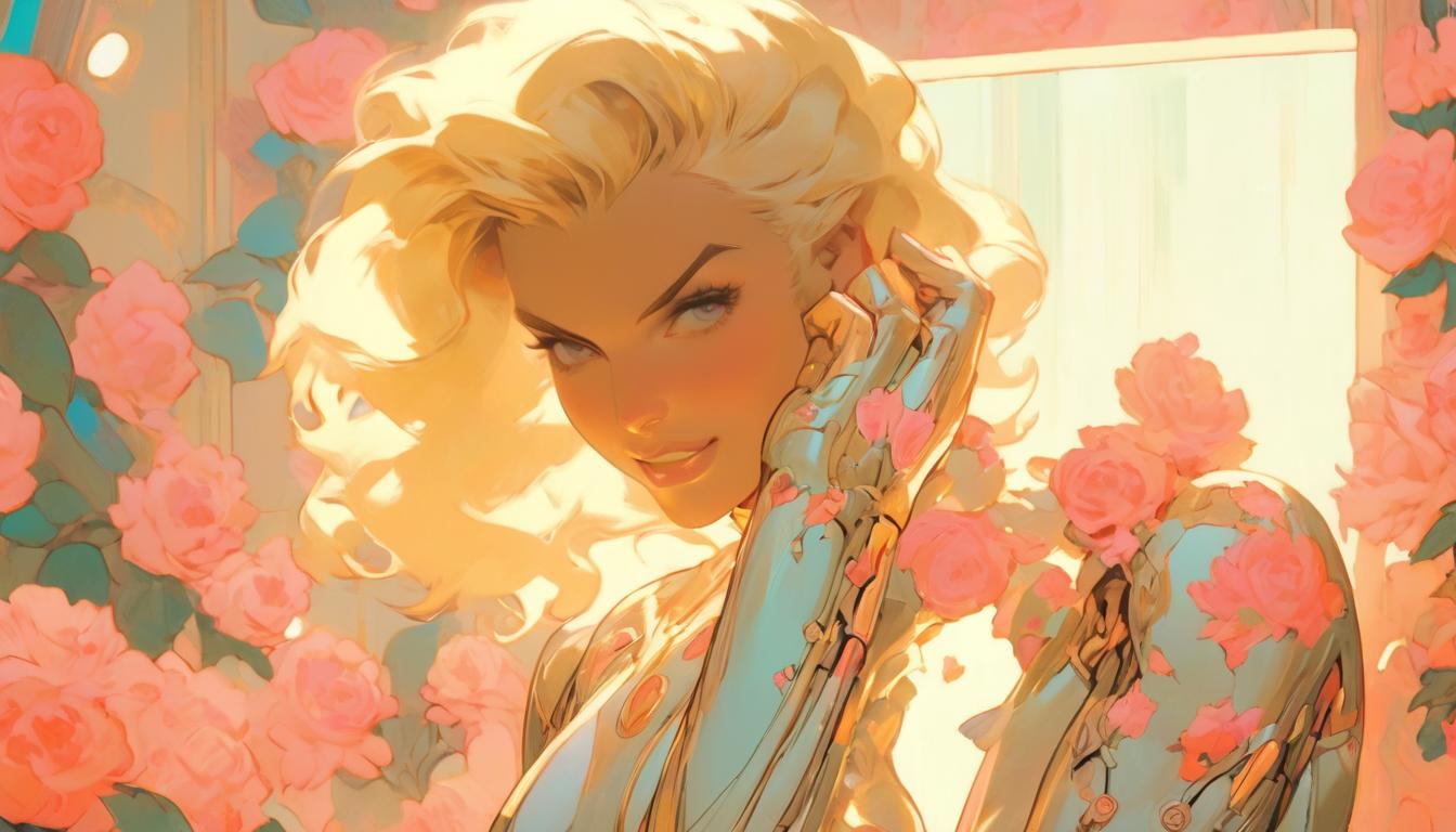  hyperrealism,fantasy aesthetic1woman, large busted attractive blonde arian female humanoid, looking into mirror, gentle smile, soft pastel room, decorated with flowers, symbolism of self love and worth, high tech clothing clad in sleek, futuristic costume with metallic accents and form fitting designs, marvel superhero comics style, unreal engine rendering