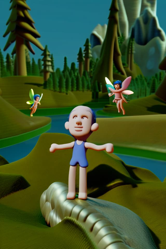  Claymation,High Resolution,Absurd,Adoption,Ultra Detailed,3D,Full Length,(Animated),Animated Figure, (Fairy,feather on back) in forest,lake,flying high in sky,blue sky ((Super Detail)),