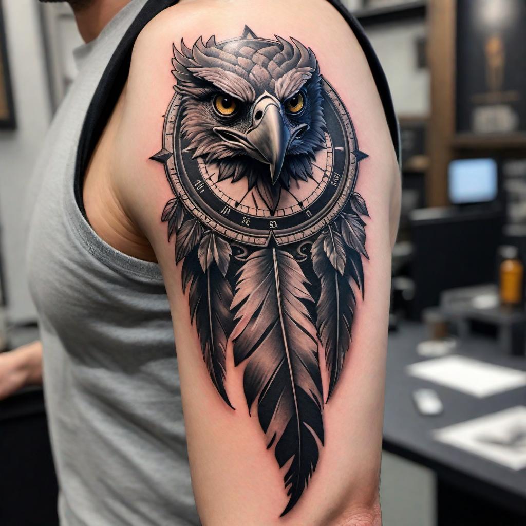  Design a tattoo that combines a gargoyle on the left shoulder, extending down the arm, with an eagle feather and a compass. The design should be intricate and detailed, blending the elements seamlessly to create a visually striking tattoo. hyperrealistic, full body, detailed clothing, highly detailed, cinematic lighting, stunningly beautiful, intricate, sharp focus, f/1. 8, 85mm, (centered image composition), (professionally color graded), ((bright soft diffused light)), volumetric fog, trending on instagram, trending on tumblr, HDR 4K, 8K