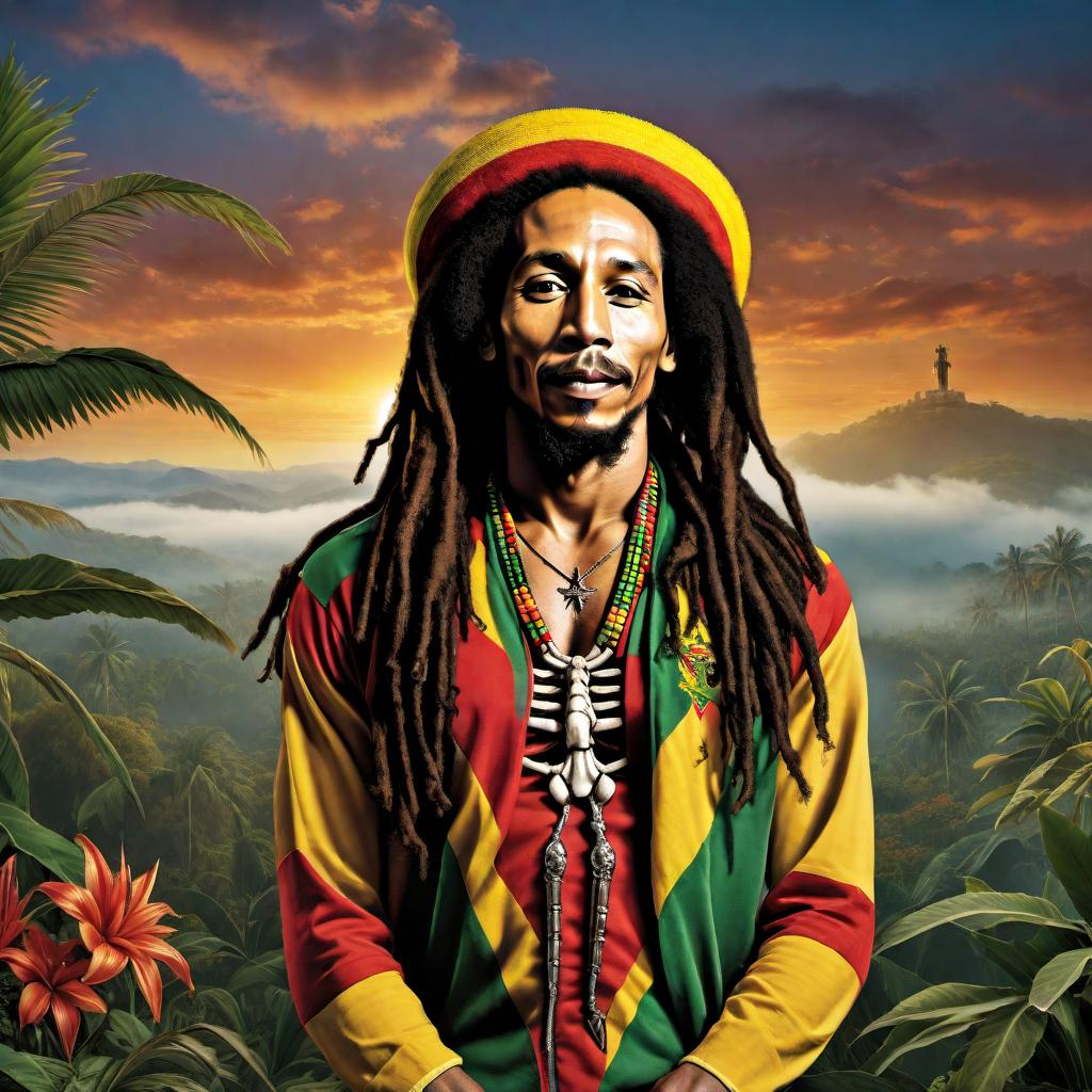  A realistic and artistic depiction of Bob Marley as a skeleton, capturing his iconic features and musical spirit. Use elements that reflect his connection to Jamaica and Rastafarian culture, such as his dreadlocks and vibrant colors. The image should evoke his legendary presence in a creative and imaginative style. hyperrealistic, full body, detailed clothing, highly detailed, cinematic lighting, stunningly beautiful, intricate, sharp focus, f/1. 8, 85mm, (centered image composition), (professionally color graded), ((bright soft diffused light)), volumetric fog, trending on instagram, trending on tumblr, HDR 4K, 8K