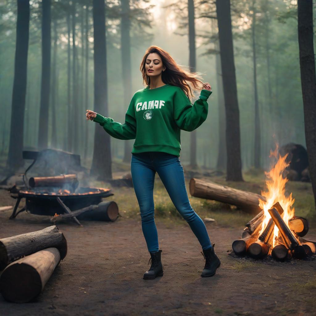  a woman dances with a tambourine by a campfire dressed in a green sweatshirt and jeans hyperrealistic, full body, detailed clothing, highly detailed, cinematic lighting, stunningly beautiful, intricate, sharp focus, f/1. 8, 85mm, (centered image composition), (professionally color graded), ((bright soft diffused light)), volumetric fog, trending on instagram, trending on tumblr, HDR 4K, 8K