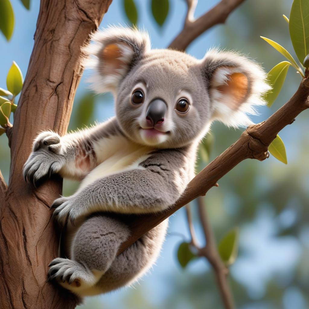  Advertising poster style A baby koala is hanging from a tree. . Professional, modern, product focused, commercial, eye catching, highly detailed hyperrealistic, full body, detailed clothing, highly detailed, cinematic lighting, stunningly beautiful, intricate, sharp focus, f/1. 8, 85mm, (centered image composition), (professionally color graded), ((bright soft diffused light)), volumetric fog, trending on instagram, trending on tumblr, HDR 4K, 8K