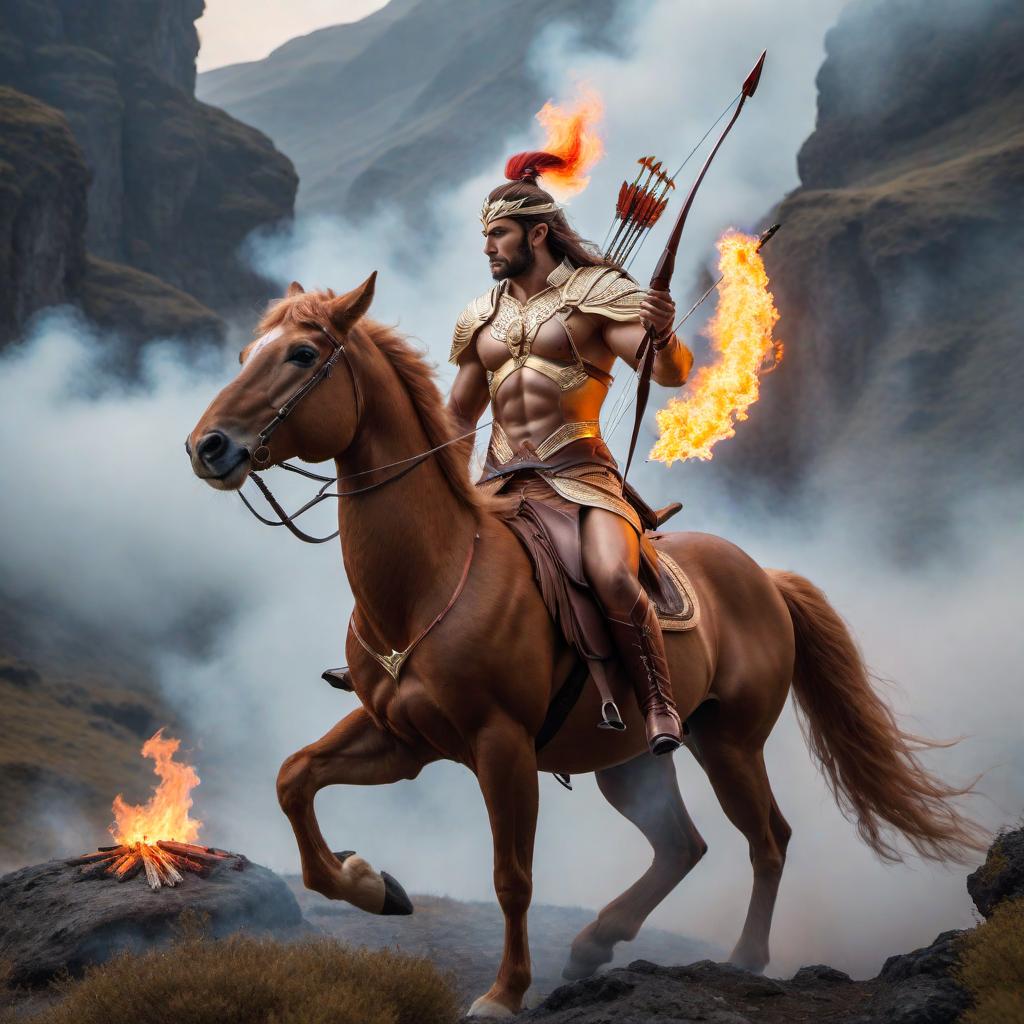  A Sagittarius Centaur on a plateau shooting flaming arrows at its enemy. hyperrealistic, full body, detailed clothing, highly detailed, cinematic lighting, stunningly beautiful, intricate, sharp focus, f/1. 8, 85mm, (centered image composition), (professionally color graded), ((bright soft diffused light)), volumetric fog, trending on instagram, trending on tumblr, HDR 4K, 8K