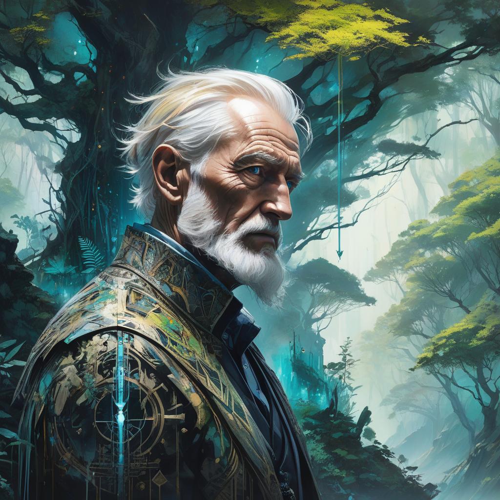  concept art mysterious silhouette forest old man,blond hair, blue green eyes by Minjae Lee, Carne Griffiths, Emily Kell, Geoffroy Thoorens, Aaron Horkey, Jordan Grimmer, Greg Rutkowski, amazing depth, masterwork, surreal, geometric patterns, intricately detailed, bokeh, perfect balanced, deep fine borders, artistic photorealism , smooth, great masterwork by head of prompt engineering . digital artwork, illustrative, painterly, matte painting, highly detailed hyperrealistic, full body, detailed clothing, highly detailed, cinematic lighting, stunningly beautiful, intricate, sharp focus, f/1. 8, 85mm, (centered image composition), (professionally color graded), ((bright soft diffused light)), volumetric fog, trending on instagram, trending on tumblr, HDR 4K, 8K