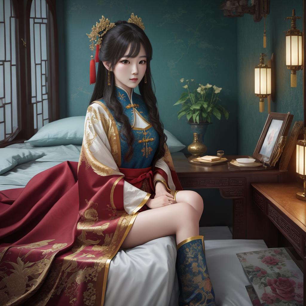  masterpiece, best quality, (fidelity:1.4), best quality, masterpiece, ultra high resolution, poster, fantasy art, very detailed face,8k resolution, chinese style, a woman, naked sitting on bed with legs apart