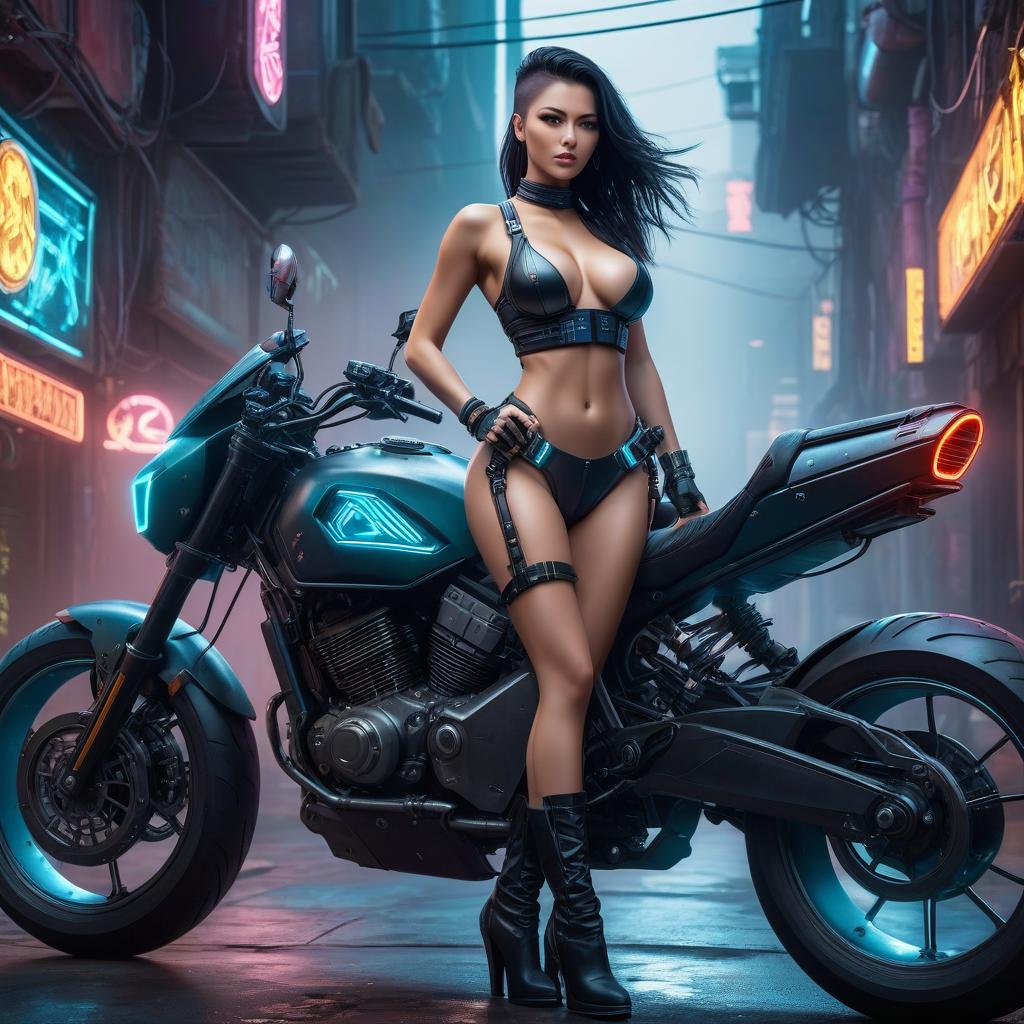  cyberpunk game style A girl on a motorcycle in short shorts and a tank top rides on the back wheel of a motorcycle . neon, dystopian, futuristic, digital, vibrant, detailed, high contrast, reminiscent of cyberpunk genre video games hyperrealistic, full body, detailed clothing, highly detailed, cinematic lighting, stunningly beautiful, intricate, sharp focus, f/1. 8, 85mm, (centered image composition), (professionally color graded), ((bright soft diffused light)), volumetric fog, trending on instagram, trending on tumblr, HDR 4K, 8K