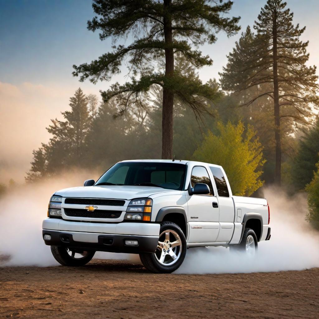  2005 White Chevrolet Silverado SS extra cab. Highlight the robust design, detailed headlights, front grille, and sporty wheels. Place the truck in a scenic background with good lighting to showcase its features. hyperrealistic, full body, detailed clothing, highly detailed, cinematic lighting, stunningly beautiful, intricate, sharp focus, f/1. 8, 85mm, (centered image composition), (professionally color graded), ((bright soft diffused light)), volumetric fog, trending on instagram, trending on tumblr, HDR 4K, 8K