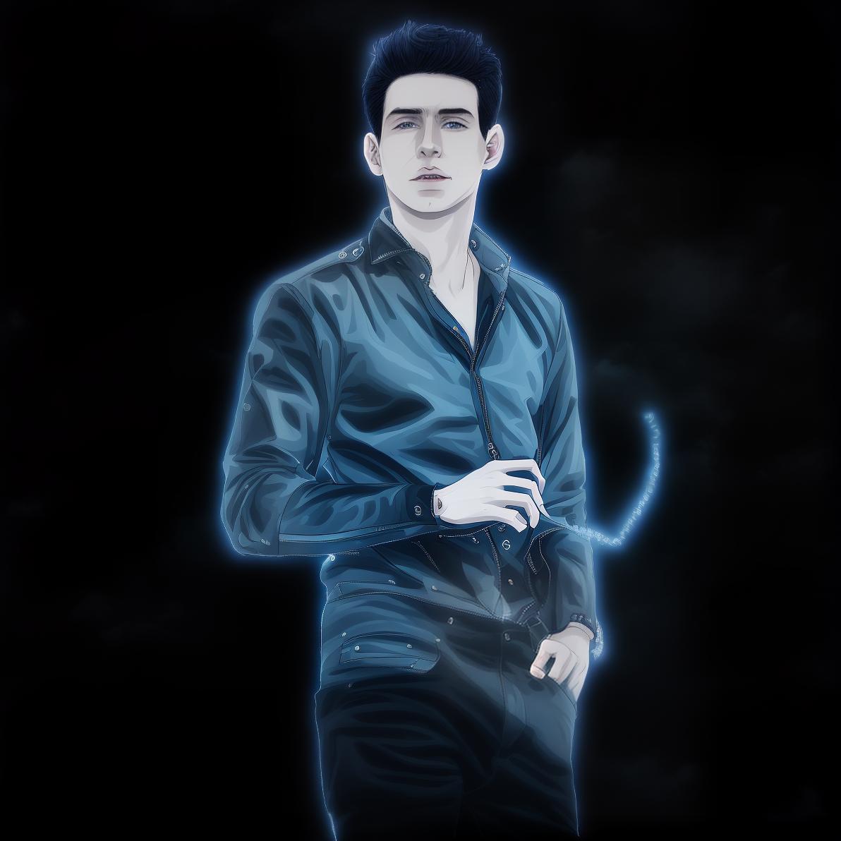 mdjrny-v4 style Anime style portrait of a young man with short, spiky black hair and blue eyes. He is wearing a black jacket over a white shirt, paired with dark jeans and combat boots. The background features an urban cityscape at dusk, illuminated by neon lights. Detailed and expressive, with a confident and determined look.