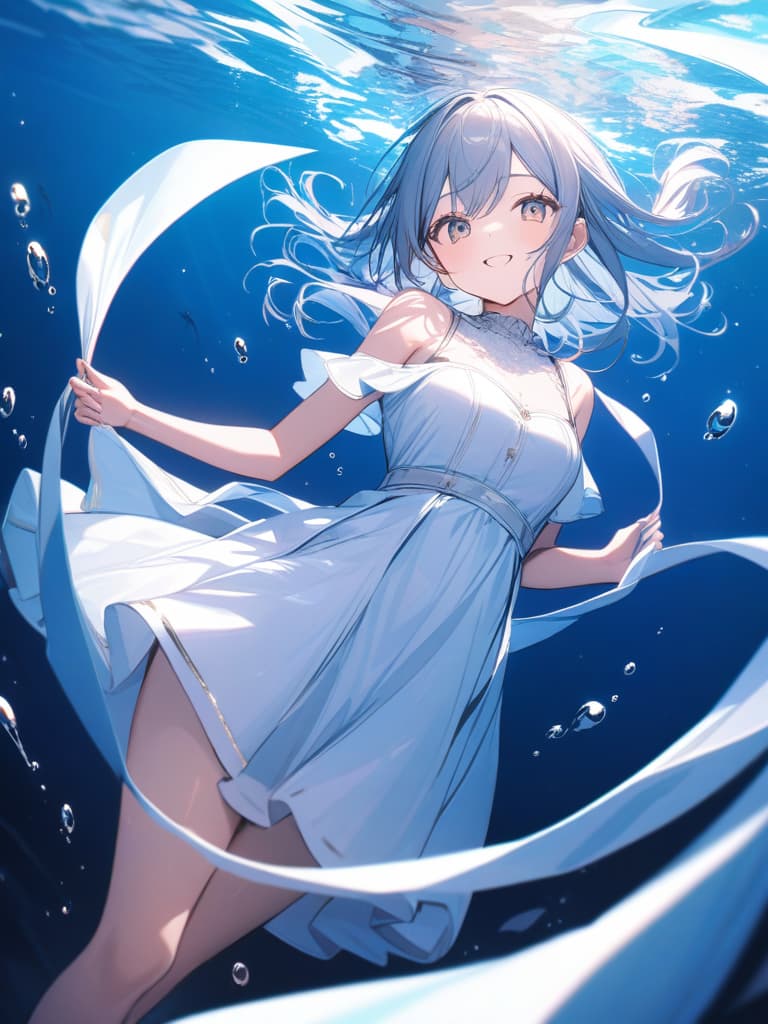  Cute, , big eyes, big s, , underwater, water, sea, beautiful, smiling, dress, masterpiece, best quality,8k,ultra detailed,high resolution,an extremely delicate and beautiful,hyper detail