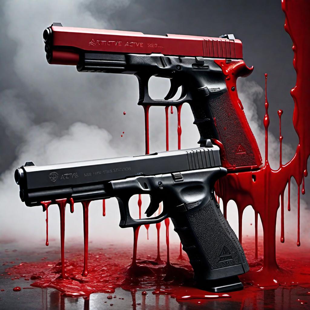  Create a logo-type image featuring the words 'Active Members' in all-red, blood-dripping font. Include two Glock handguns with extended clip magazines, positioned on either side of the text. Grey smoke should be coming out of the barrels of the Glocks, adding a dramatic effect. The overall theme should be intense and edgy, with a focus on the blood-dripping text and handguns. hyperrealistic, full body, detailed clothing, highly detailed, cinematic lighting, stunningly beautiful, intricate, sharp focus, f/1. 8, 85mm, (centered image composition), (professionally color graded), ((bright soft diffused light)), volumetric fog, trending on instagram, trending on tumblr, HDR 4K, 8K