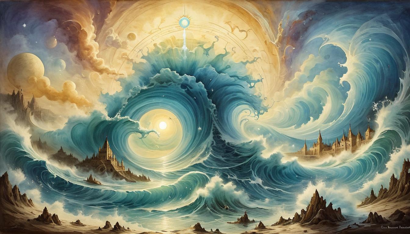  on parchment, surrealism+++, A pulsing energy field, rippling waves of light, emanating from a central point, distorting the surrounding reality, dynamic, transformative, mesmerizing(mysterious, provocative, symbolic,muted color)+++