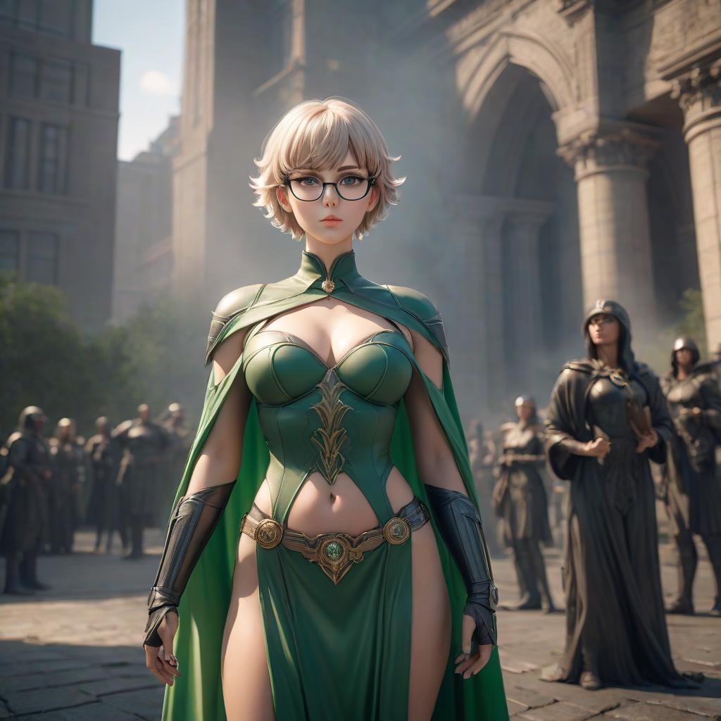  The goddess of justice and order and rigor. Strict tall woman. Short light hair with bangs, green eyes, glasses. Skinny body. hyperrealistic, full body, detailed clothing, highly detailed, cinematic lighting, stunningly beautiful, intricate, sharp focus, f/1. 8, 85mm, (centered image composition), (professionally color graded), ((bright soft diffused light)), volumetric fog, trending on instagram, trending on tumblr, HDR 4K, 8K