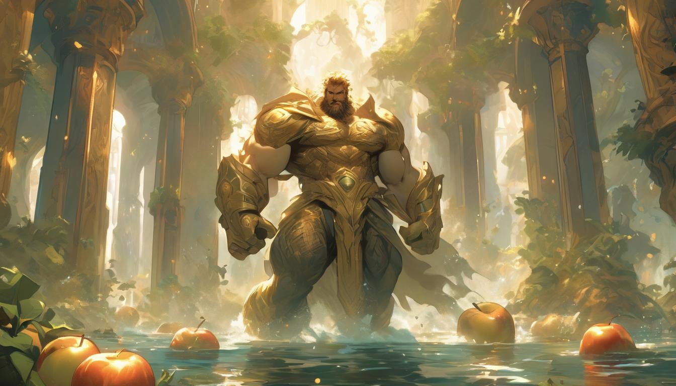  hyperrealism,fantasy aestheticHercules amidst the Augean stables, using rivers to cleanse filth, engulfing scene of water and debris, golden apples in a distant celestial garden, transformation, mythic quest, high tech clothing clad in sleek, futuristic costume with metallic accents and form fitting designs, marvel superhero comics style, unreal engine rendering