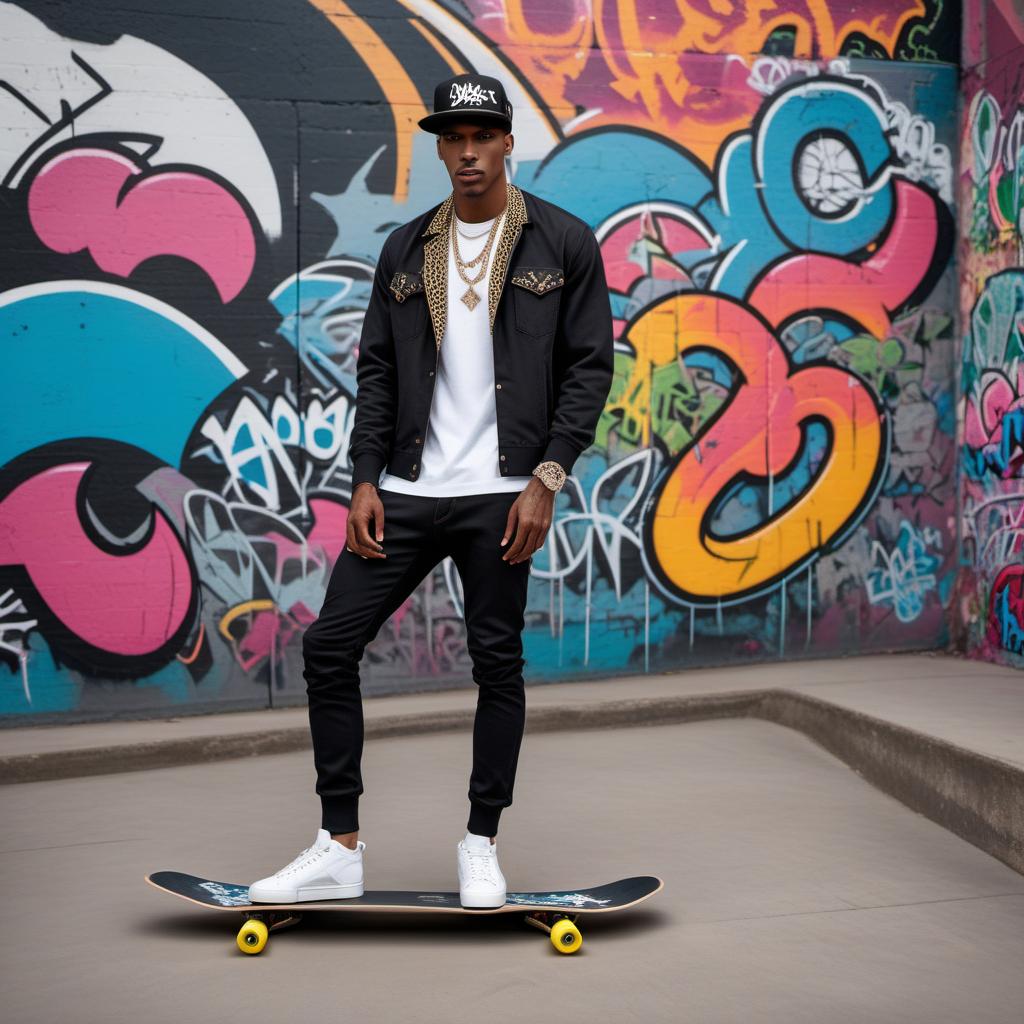  A male model at a skate park. He is wearing a diamond-clustered Cuban chain. The background features ramps, rails, and graffiti walls. The model is stylishly dressed, possibly in streetwear, and confidently posing with a skateboard. hyperrealistic, full body, detailed clothing, highly detailed, cinematic lighting, stunningly beautiful, intricate, sharp focus, f/1. 8, 85mm, (centered image composition), (professionally color graded), ((bright soft diffused light)), volumetric fog, trending on instagram, trending on tumblr, HDR 4K, 8K