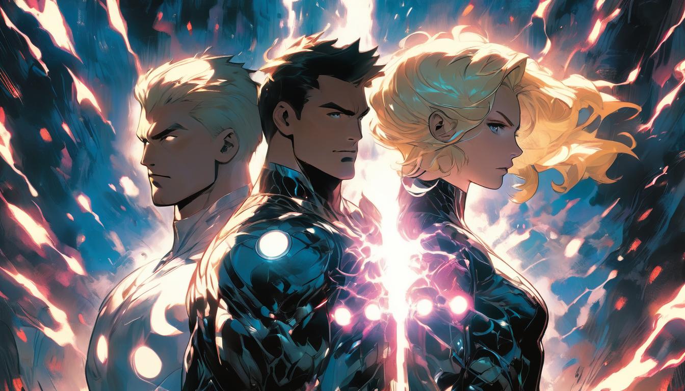  hyperrealism,fantasy aesthetic1man1woman, attractive brunette arian male humanoid and large busted blonde arian female humanoid, standing back to back, surrounded by a glowing force field, symbolizing their combined strength and protection, high tech clothing clad in sleek, futuristic costume with metallic accents and form fitting designs, marvel superhero comics style, unreal engine rendering