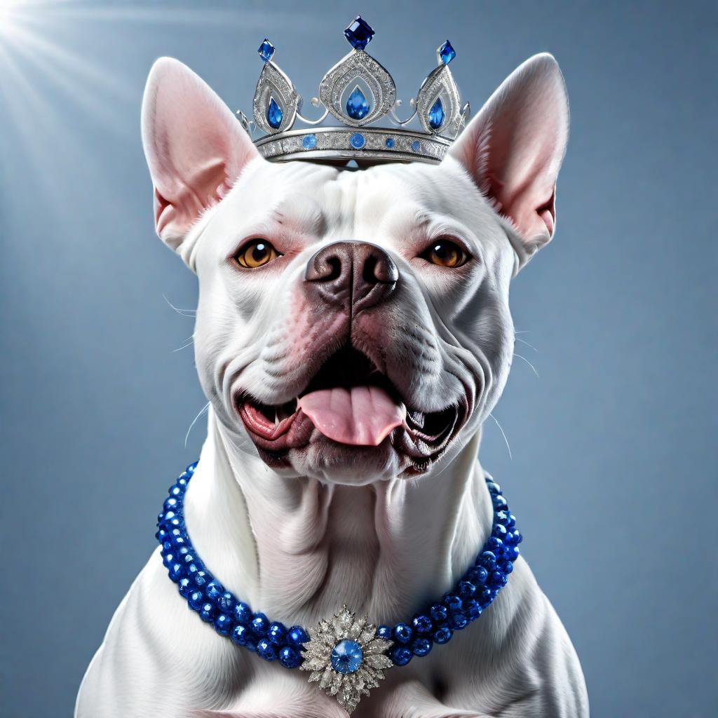  A growling white and blue pit bull wearing a princess crown, highly detailed, realistic style, with a focus on the expression of the dog and the elegance of the crown hyperrealistic, full body, detailed clothing, highly detailed, cinematic lighting, stunningly beautiful, intricate, sharp focus, f/1. 8, 85mm, (centered image composition), (professionally color graded), ((bright soft diffused light)), volumetric fog, trending on instagram, trending on tumblr, HDR 4K, 8K