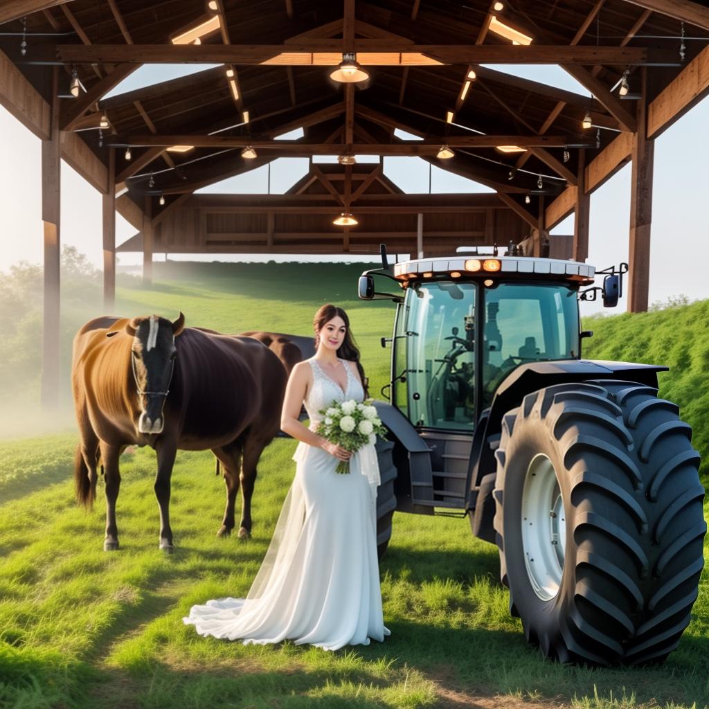  2 American FARM GIRLS portrait, FARMHOUSE, bulls in Background, Tractor in background, Clean face details hyperrealistic, full body, detailed clothing, highly detailed, cinematic lighting, stunningly beautiful, intricate, sharp focus, f/1. 8, 85mm, (centered image composition), (professionally color graded), ((bright soft diffused light)), volumetric fog, trending on instagram, trending on tumblr, HDR 4K, 8K