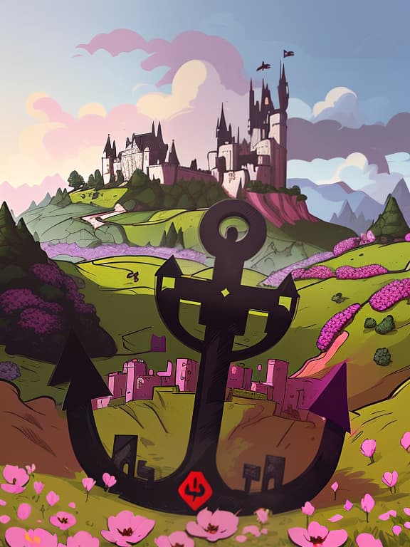  landscape, field of flowers, castle in the distance, clouds, day, forest around the castle, black anchor, Indie game art, (Vector Art, Borderlands style, Arcane style, Cartoon style), Line art, Disctinct features, Hand drawn, Technical illustration, Graphic design, Vector graphics, High contrast, Precision artwork, Linear compositions, Scalable artwork, Digital art, cinematic sensual, Sharp focus, humorous illustration, big depth of field, Masterpiece, trending on artstation, Vivid colors, trending on ArtStation, trending on CGSociety, Intricate, Low Detail, dramatic hyperrealistic, full body, detailed clothing, highly detailed, cinematic lighting, stunningly beautiful, intricate, sharp focus, f/1. 8, 85mm, (centered image composition), (professionally color graded), ((bright soft diffused light)), volumetric fog, trending on instagram, trending on tumblr, HDR 4K, 8K