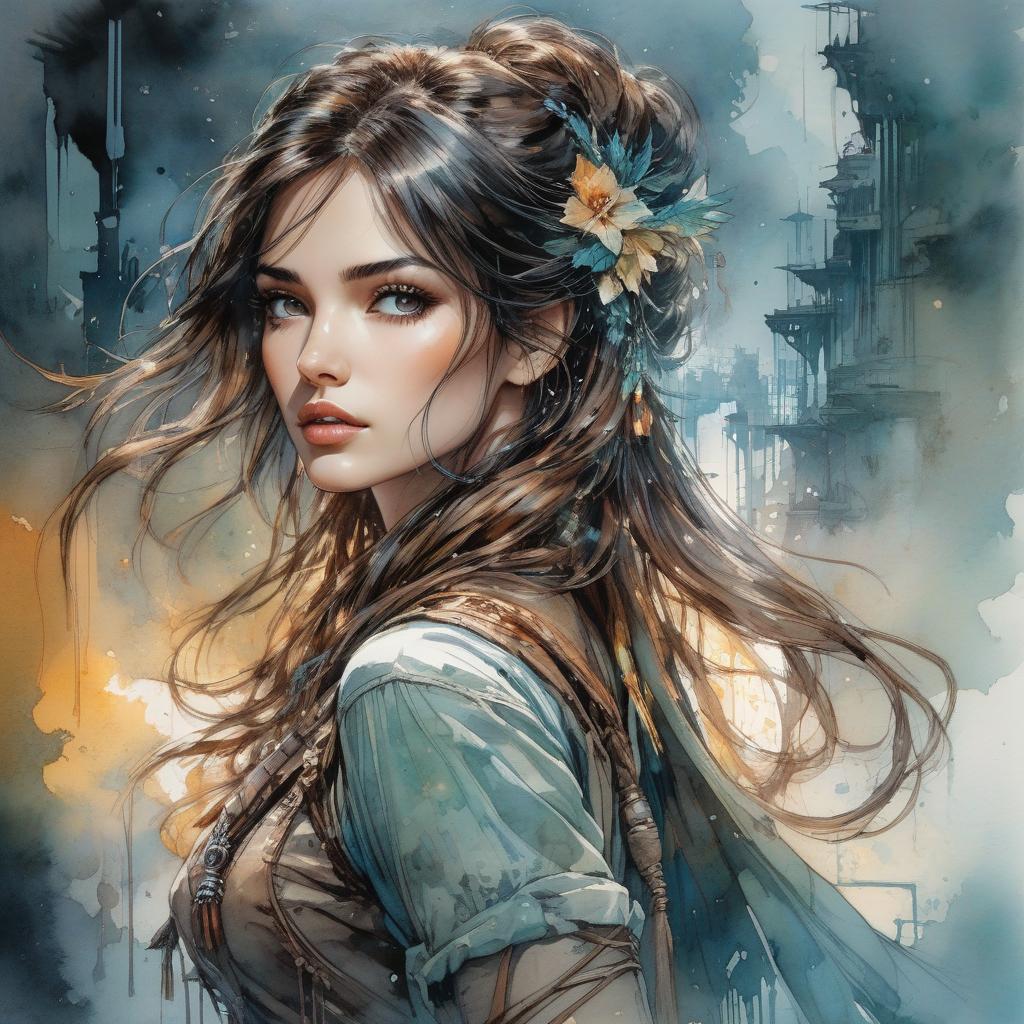  by Albert Robida and Alice Pasquini and Luis Royo, watercolour masterpiece, Digital watercolor Illustration Waterhouse, Carne Griffiths, Minjae Lee, Ana Paula Hoppe, Stylized watercolor art, Intricate, Complex contrast, soft Cinematic Volumetric lighting, seasonal colors, perfect wide long shot visual masterpiece hyperrealistic, full body, detailed clothing, highly detailed, cinematic lighting, stunningly beautiful, intricate, sharp focus, f/1. 8, 85mm, (centered image composition), (professionally color graded), ((bright soft diffused light)), volumetric fog, trending on instagram, trending on tumblr, HDR 4K, 8K