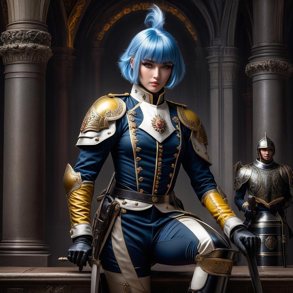  Girl, cuirassier, ((full body)), blue hair, bob cut, bright yellow eyes, hourglass figure, fully clothed, military uniform, (19th century ceremonial uniform), cuirass, white clothes, white cloak, ((leggings )), riding pants, black boots, over the knee boots, thigh high boots, tight boots, cuirassier helmet, (Guard helmet of the King's Corp), belt, choker, epaulettes, awards, (epic pose), looking at viewer, looking down, evil grin, (extremely hyper detailed face), (masterpiece : 1.4), (perfect eyes: 1.1), (perfect hands), 2D, anime, extremely detailed clothes. hyperrealistic, full body, detailed clothing, highly detailed, cinematic lighting, stunningly beautiful, intricate, sharp focus, f/1. 8, 85mm, (centered image composition), (professionally color graded), ((bright soft diffused light)), volumetric fog, trending on instagram, trending on tumblr, HDR 4K, 8K