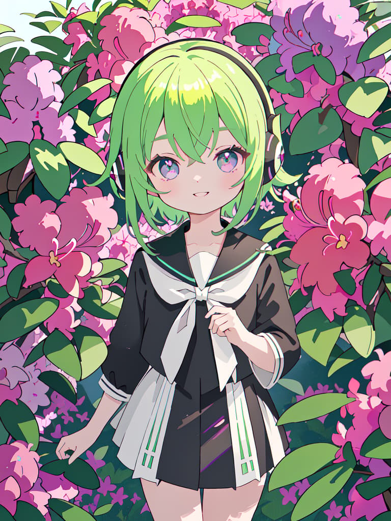  masterpiece,one woman,summer black sailor suit,cute,delicate green hair color,glossy hair color,short hair,headphones,purple eye color,very smile,{{{satsuki azalea(Rhododendron indicum)}}},natural light,warm sunlight,high resolution,high quality,8K, masterpiece, best quality,8k,ultra detailed,high resolution,an extremely delicate and beautiful,hyper detail