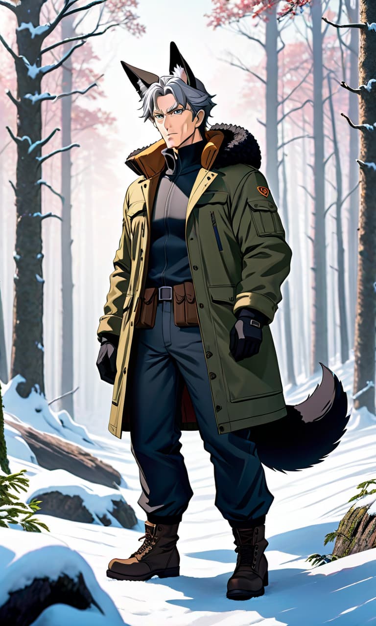  anime artwork A man in his 50s with black wooly ears, a sturdy build, and three black tails, dressed in camouflage clothing against a winter forest backdrop. . anime style, key visual, vibrant, studio anime, highly detailed hyperrealistic, full body, detailed clothing, highly detailed, cinematic lighting, stunningly beautiful, intricate, sharp focus, f/1. 8, 85mm, (centered image composition), (professionally color graded), ((bright soft diffused light)), volumetric fog, trending on instagram, trending on tumblr, HDR 4K, 8K